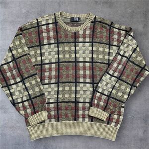 TSA Vintage 90s Acrylic Plaid Brown Tan Burgundy Sweater Crewneck Men's XL
